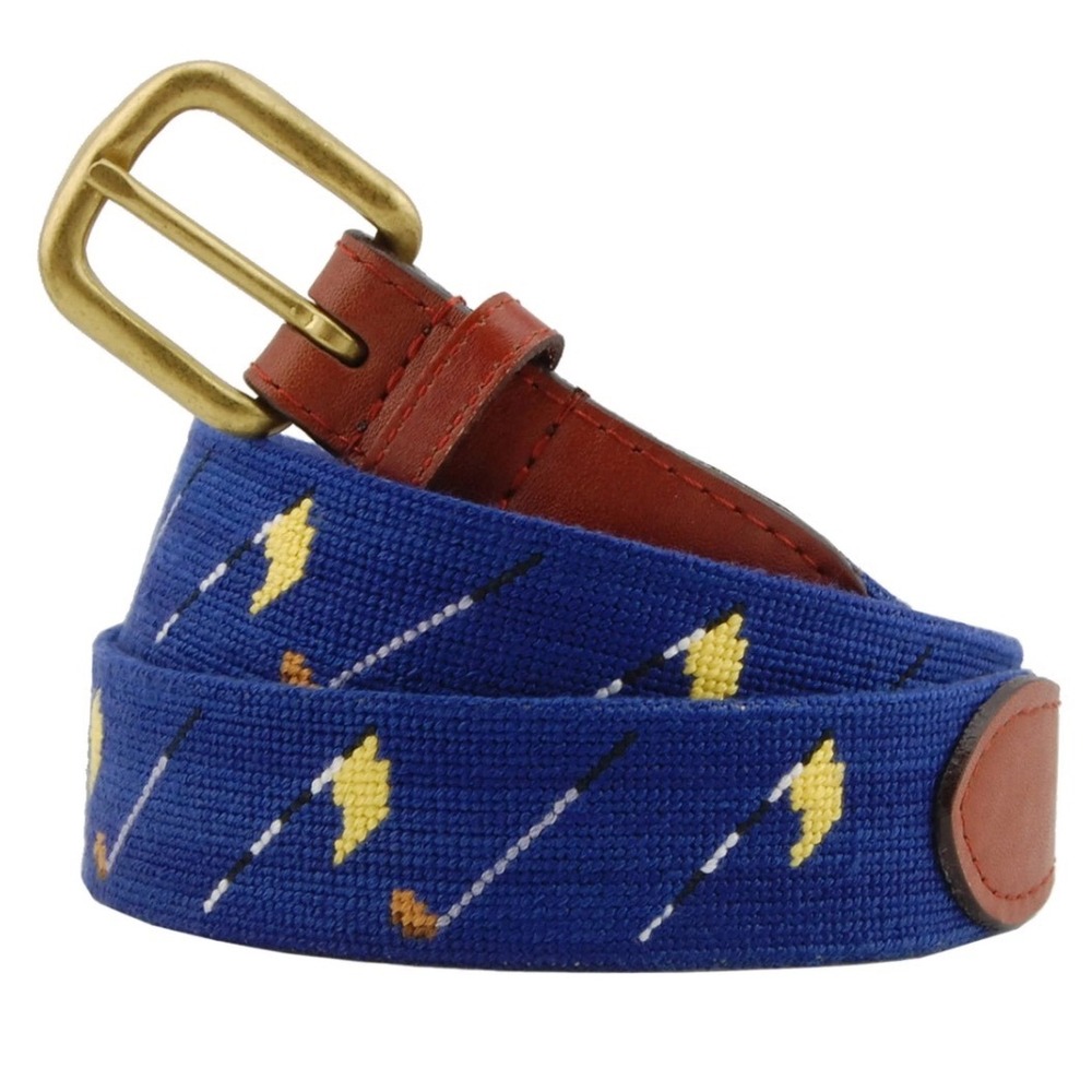 Smathers & Branson Mens Golf Needlepoint Belt Blue Leather Brass Buckle Size 42